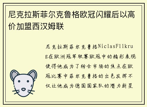 尼克拉斯菲尔克鲁格欧冠闪耀后以高价加盟西汉姆联